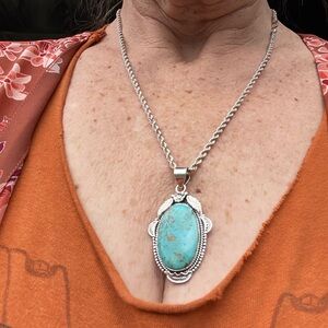 Large Premium Kingman Turquoise and Silver Native American Pendant🌹